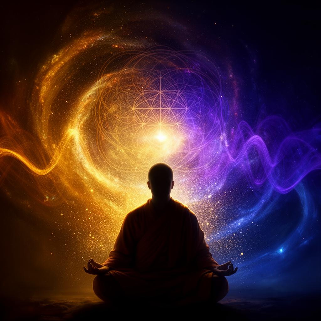Contemplative silhouette dissolving into a luminous field of saffron, violet and indigo, the convergence of physics and wisdom